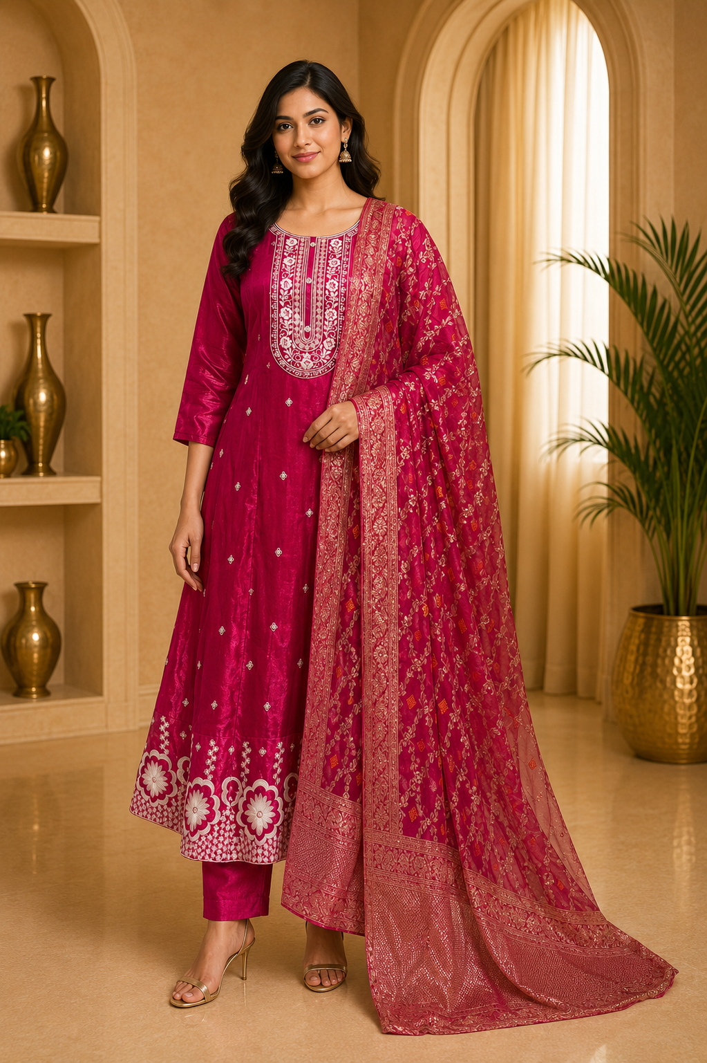 Deep Magenta ANAARKALI DRESS with Matching Pant & Contrast Dupatta