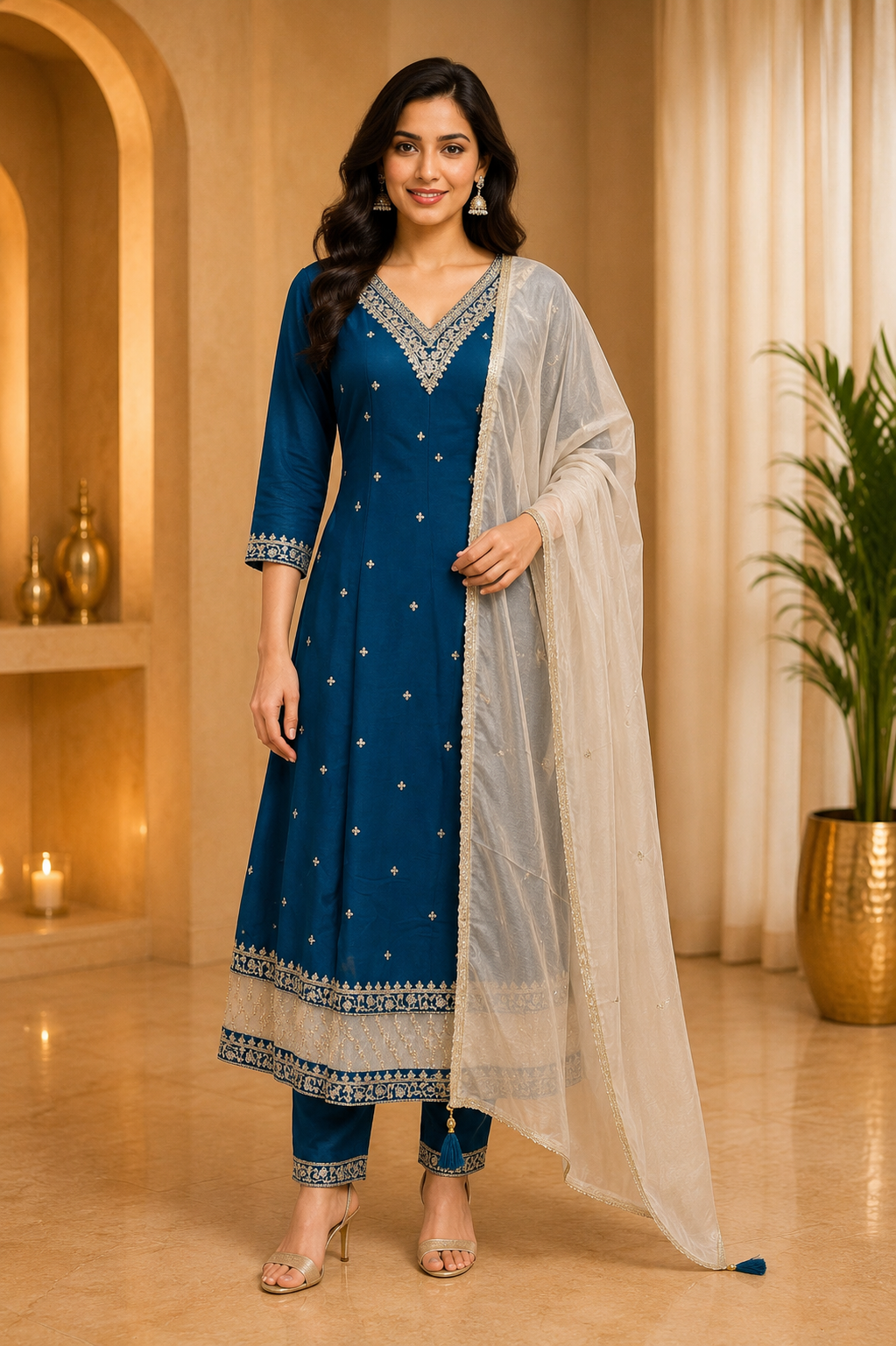 Deep Teal ANAARKALI DRESS in VICHITRA SILK with Ivory Dupatta