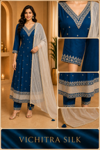 Deep Teal ANAARKALI DRESS in VICHITRA SILK with Ivory Dupatta