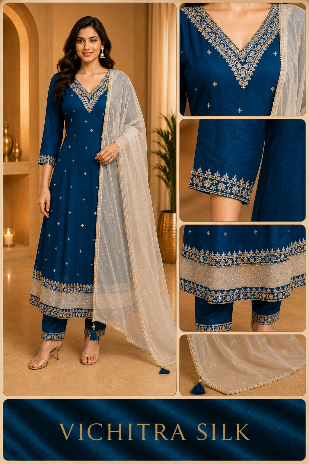 Deep Teal ANAARKALI DRESS in VICHITRA SILK with Ivory Dupatta