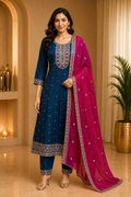Teal Blue ANAARKALI DRESS with Magenta Dupatta | VICHITRA SILK 3-Piece Ethnic Set