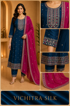 Teal Blue ANAARKALI DRESS with Magenta Dupatta | VICHITRA SILK 3-Piece Ethnic Set