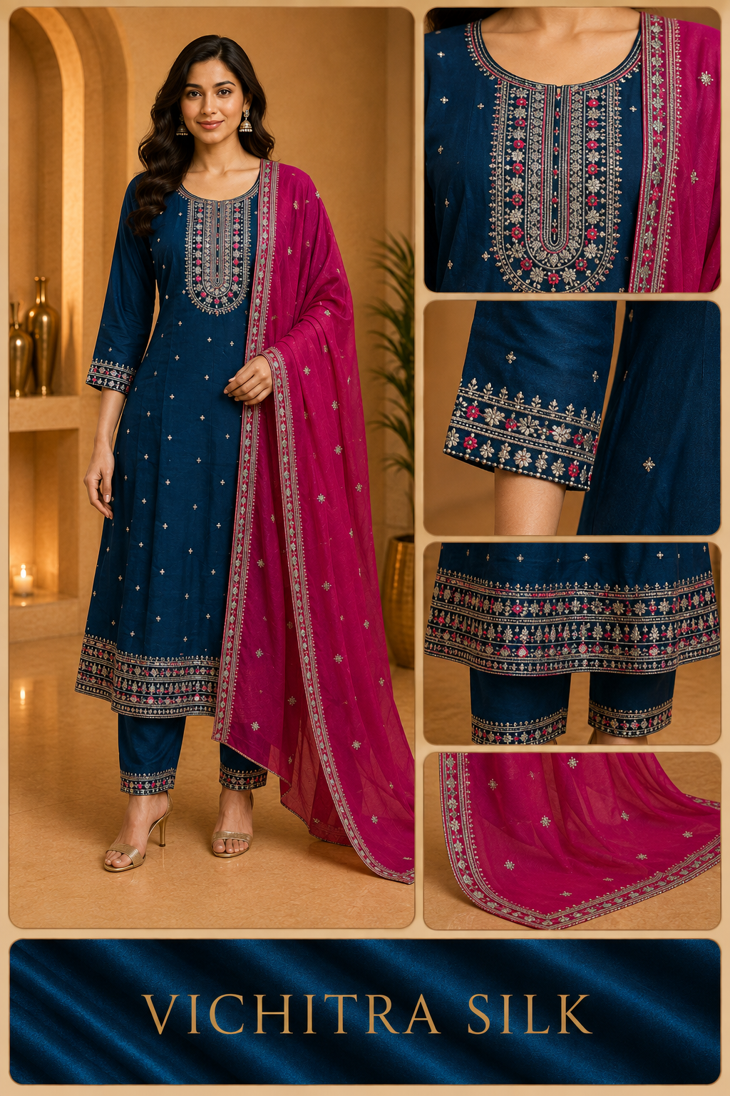Teal Blue ANAARKALI DRESS with Magenta Dupatta | VICHITRA SILK 3-Piece Ethnic Set