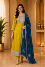 Mustard ANAARKALI DRESS with Teal Contrast Dupatta – VICHITRA SILK 3-Piece Set