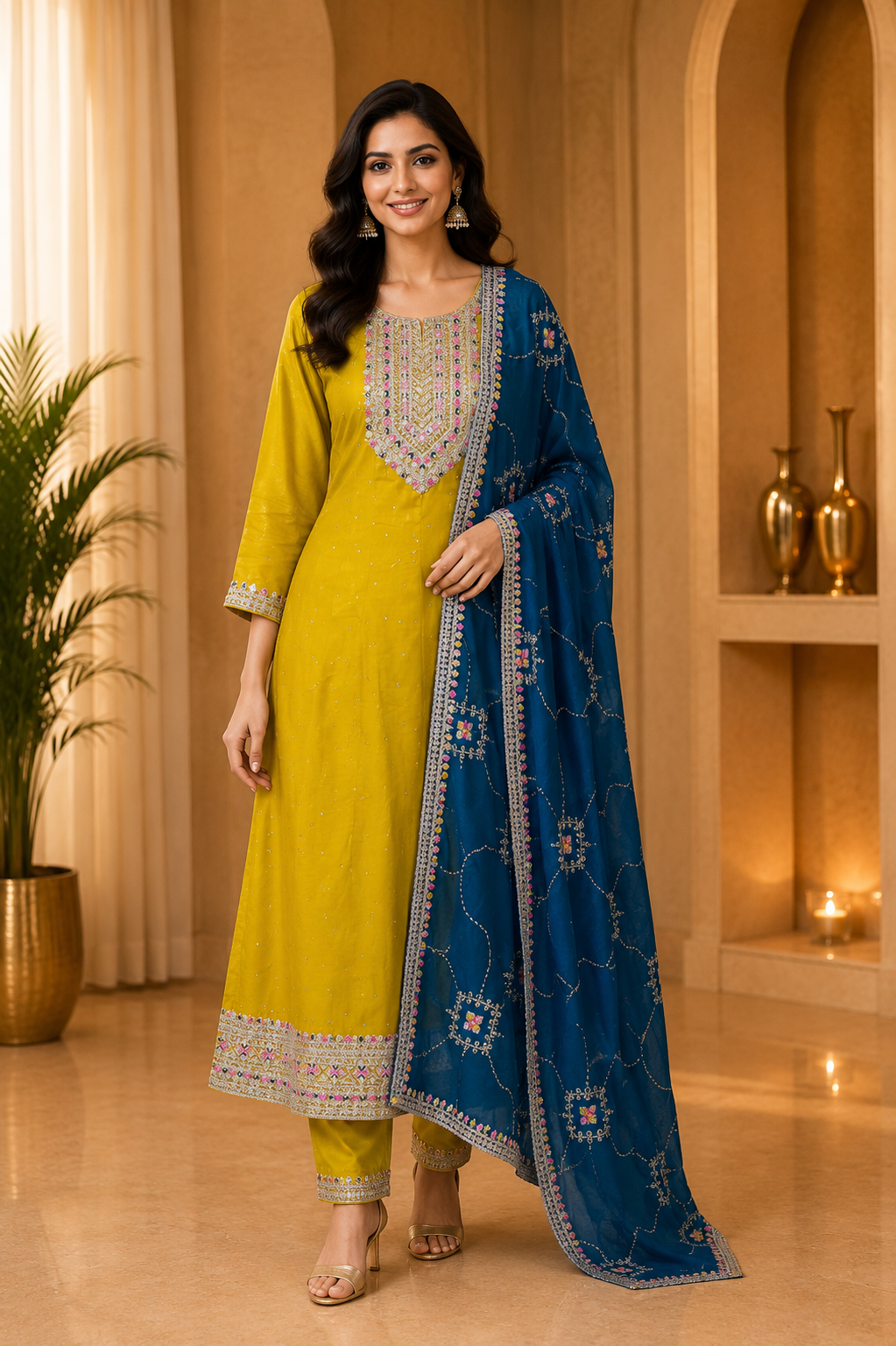 Mustard ANAARKALI DRESS with Teal Contrast Dupatta – VICHITRA SILK 3-Piece Set