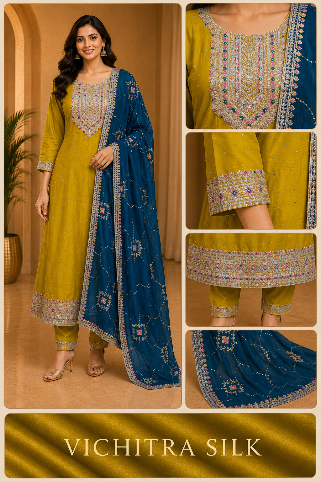 Mustard ANAARKALI DRESS with Teal Contrast Dupatta – VICHITRA SILK 3-Piece Set