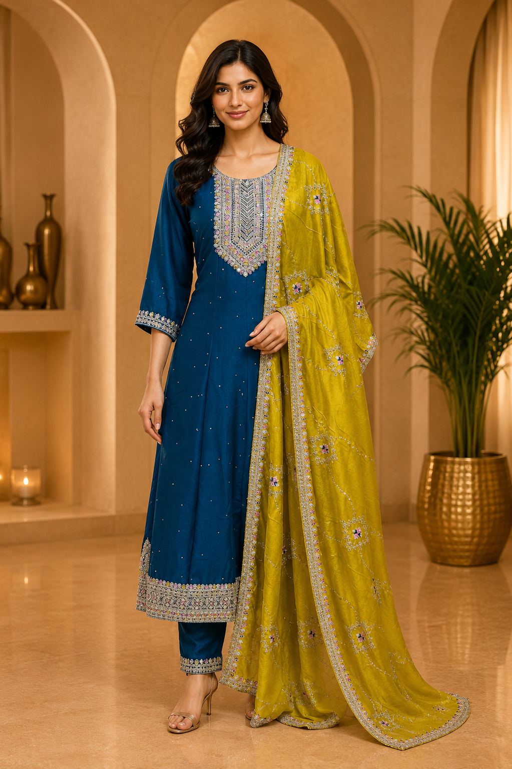 Teal Blue ANAARKALI DRESS with Mustard Dupatta | VICHITRA SILK 3-Piece Set