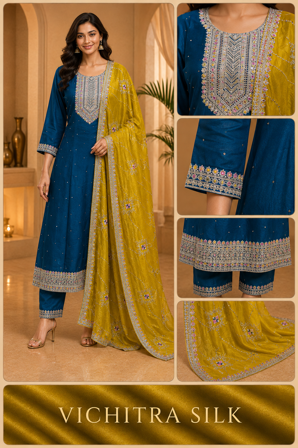 Teal Blue ANAARKALI DRESS with Mustard Dupatta | VICHITRA SILK 3-Piece Set
