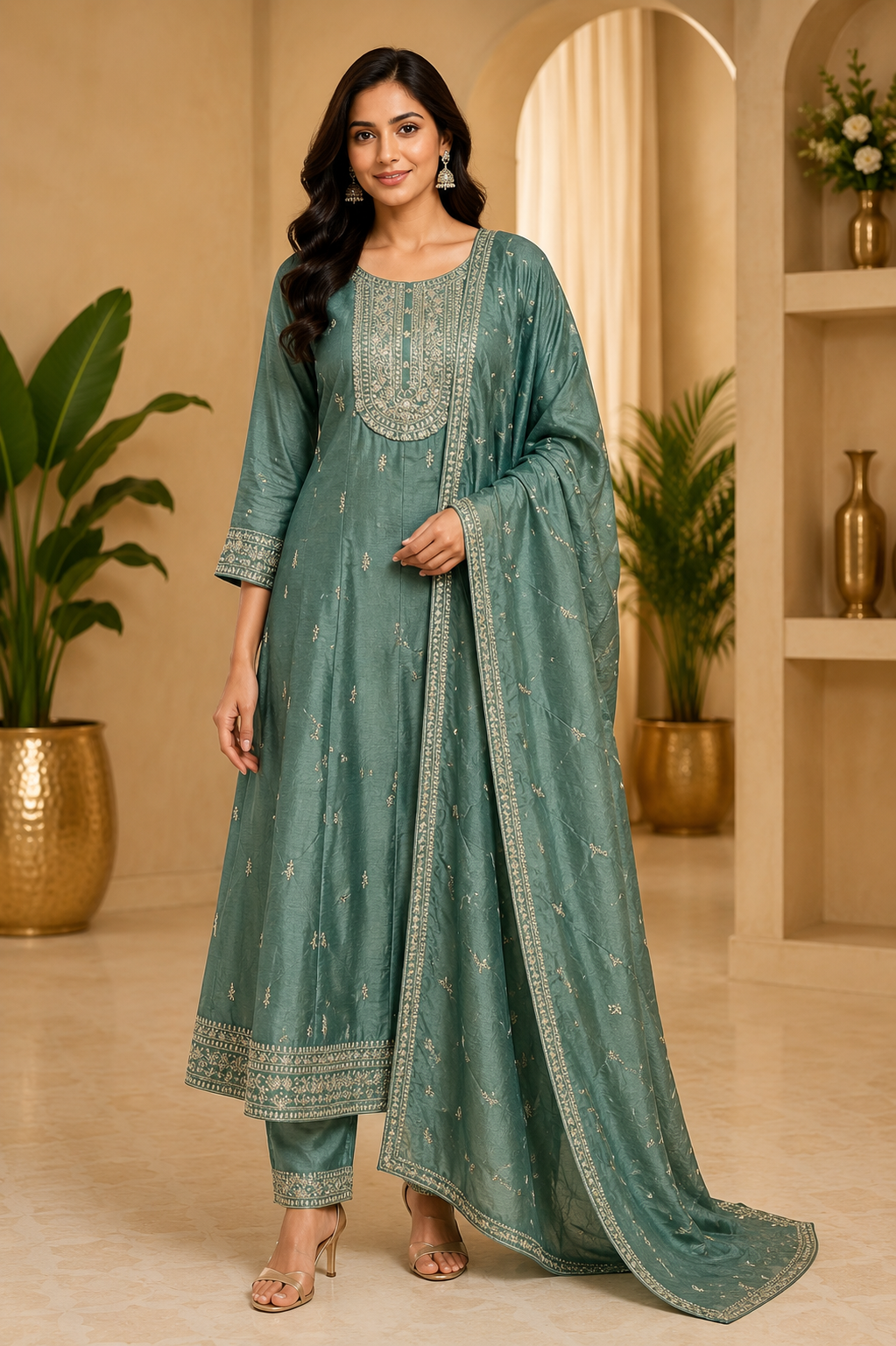 Sage Green ANAARKALI DRESS – Crush Silk 3-Piece Ethnic Set