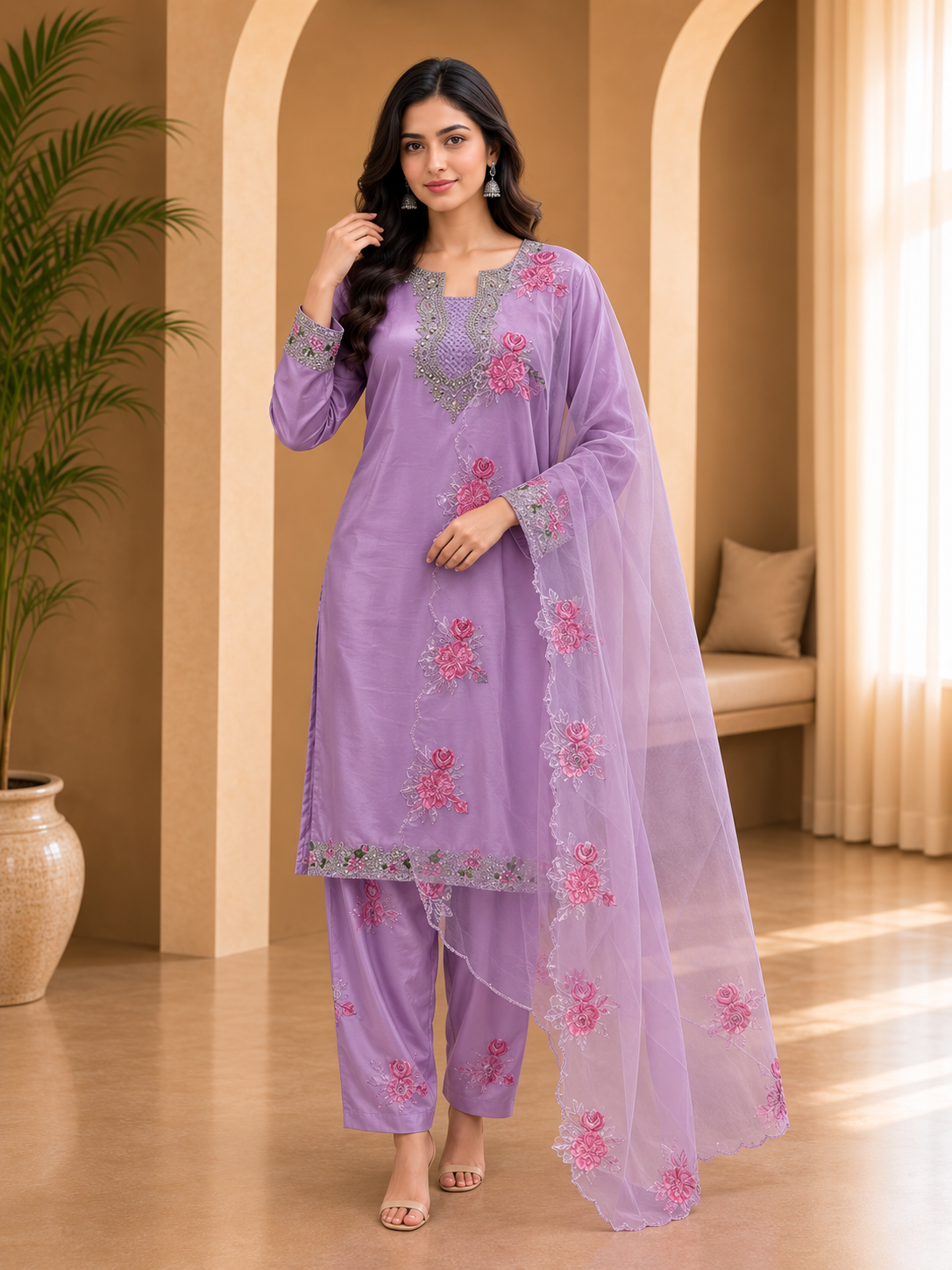 Lavender American Crepe Embroidered 3-Piece Ethnic Suit Set with Matching Dupatta
