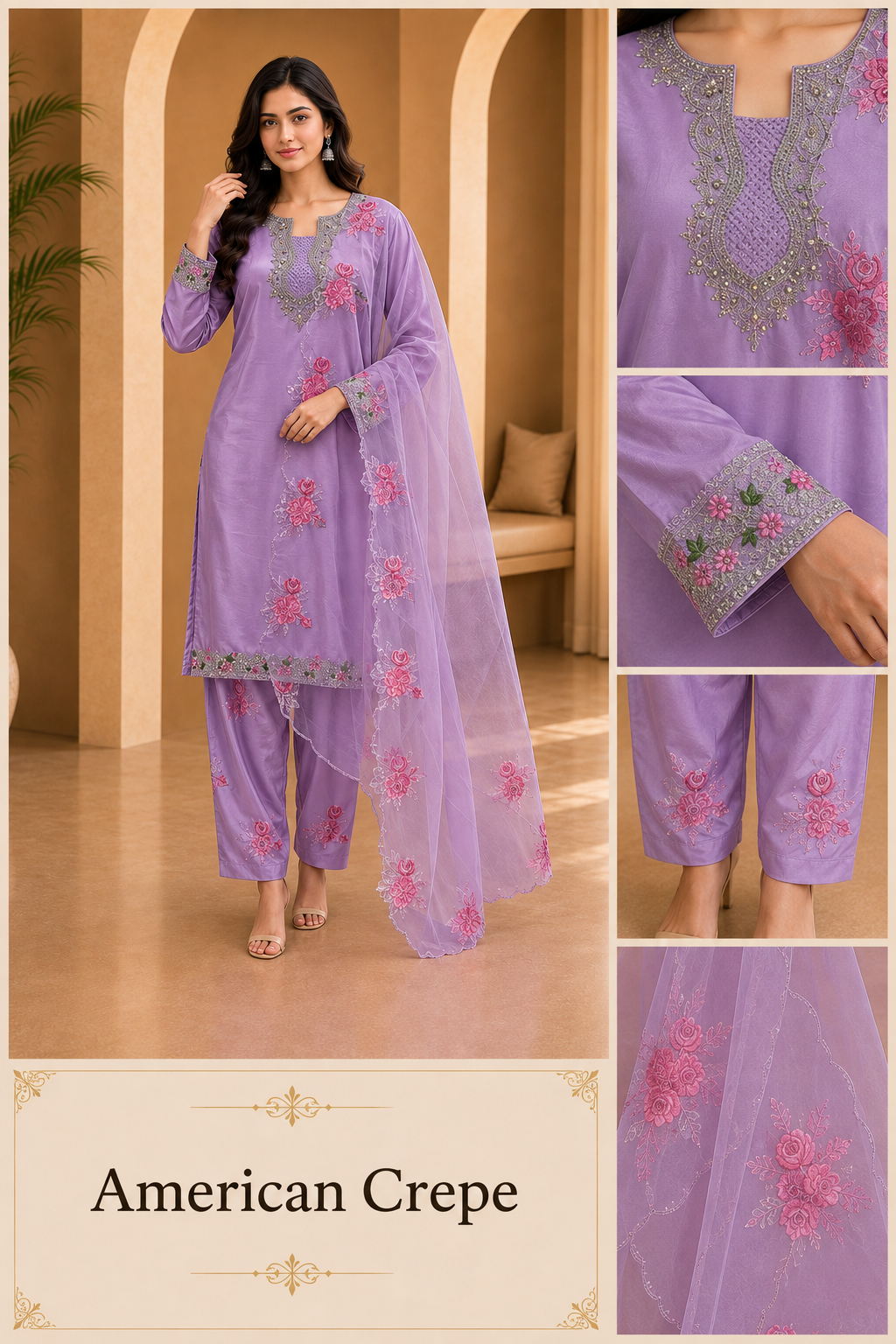 Lavender American Crepe Embroidered 3-Piece Ethnic Suit Set with Matching Dupatta
