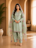 Sage Green American Crepe Embellished Ethnic Suit Set with Matching Dupatta