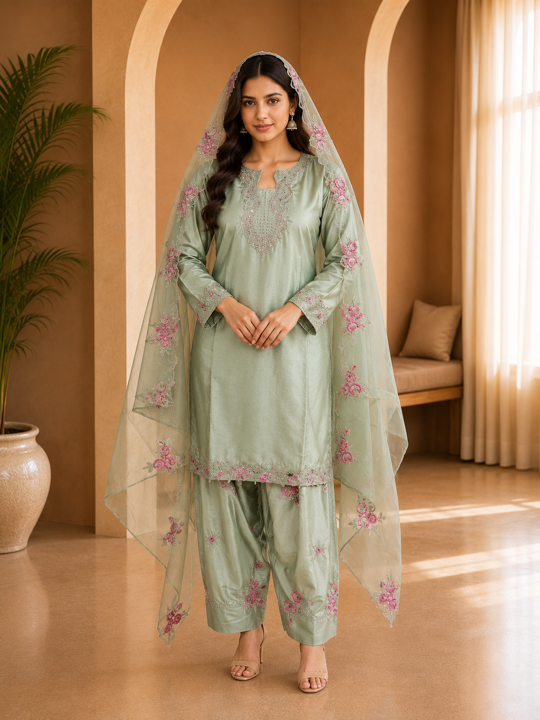 Sage Green American Crepe Embellished Ethnic Suit Set with Matching Dupatta