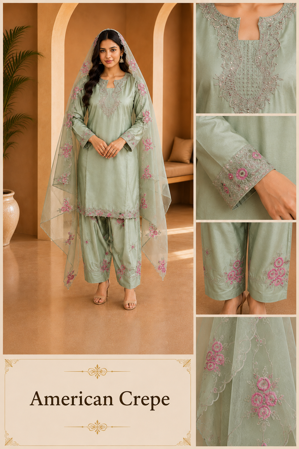 Sage Green American Crepe Embellished Ethnic Suit Set with Matching Dupatta