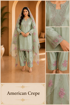 Sage Green American Crepe Embellished Ethnic Suit Set with Matching Dupatta
