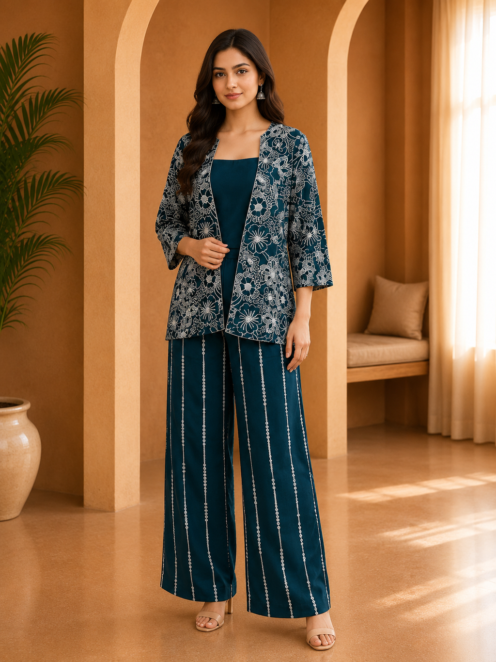 Deep Teal Blue American Crepe 3-Piece Printed Co-Ord Set with Open-Front Floral Jacket
