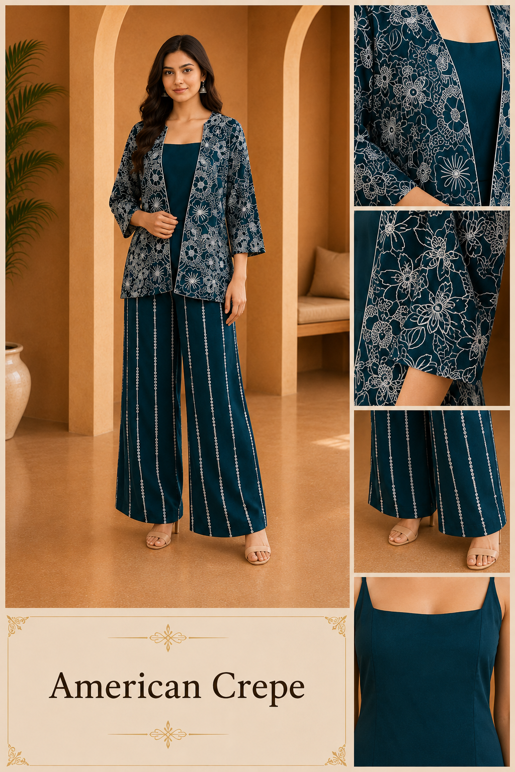 Deep Teal Blue American Crepe 3-Piece Printed Co-Ord Set with Open-Front Floral Jacket