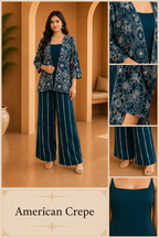 Deep Teal Blue American Crepe 3-Piece Printed Co-Ord Set with Open-Front Floral Jacket