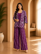 Plum Purple American Crepe 3-Piece Printed Co-Ord Set with Open-Front Floral Jacket