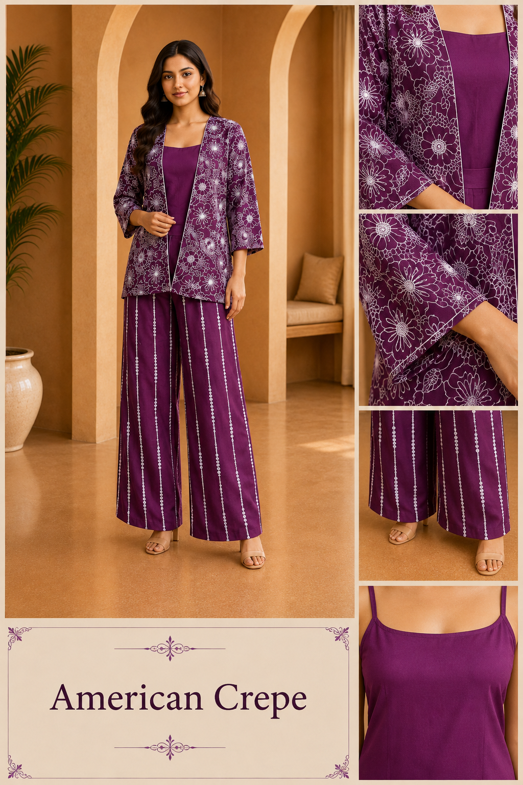 Plum Purple American Crepe 3-Piece Printed Co-Ord Set with Open-Front Floral Jacket