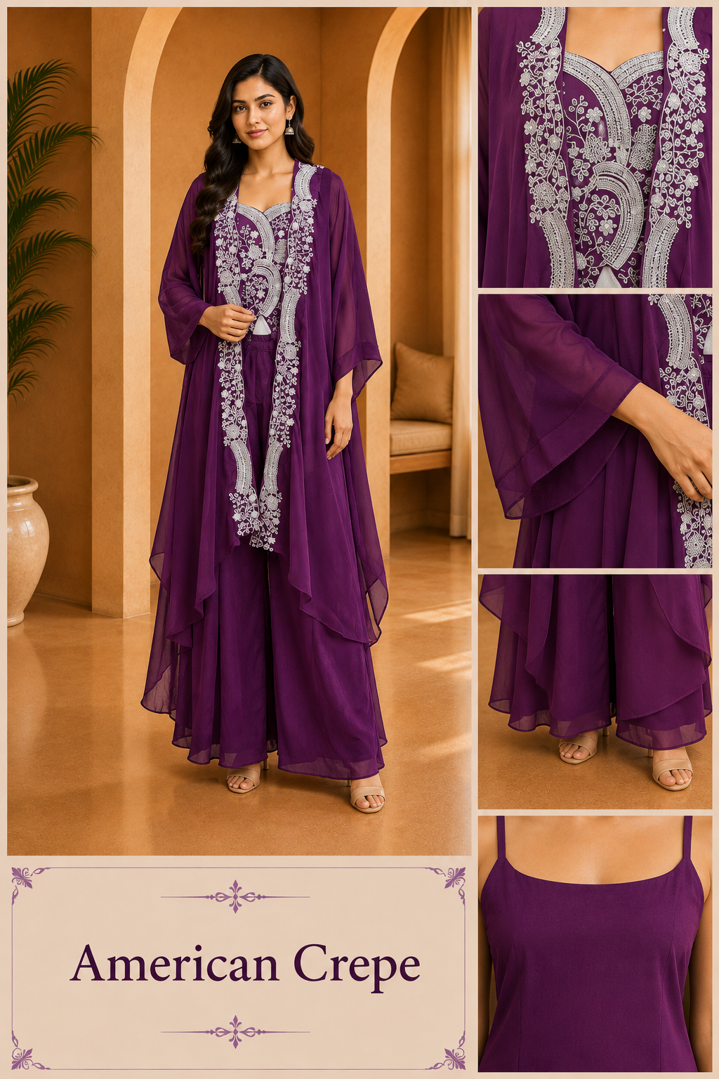 Luxury Plum Purple American Crepe 3-Piece Co-Ord Set with Printed Open-Front Jacket