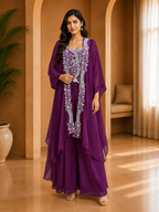 Luxury Plum Purple American Crepe 3-Piece Co-Ord Set with Printed Open-Front Jacket