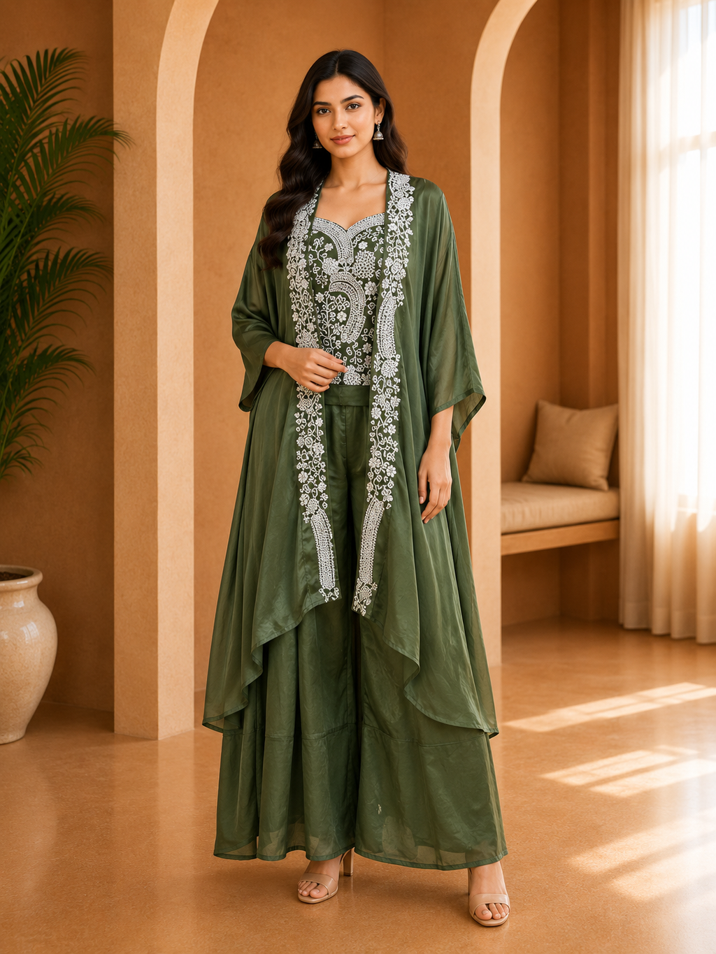 Olive Green American Crepe 3-Piece Co-Ord Set with Open-Front Layered Jacket
