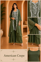 Olive Green American Crepe 3-Piece Co-Ord Set with Open-Front Layered Jacket