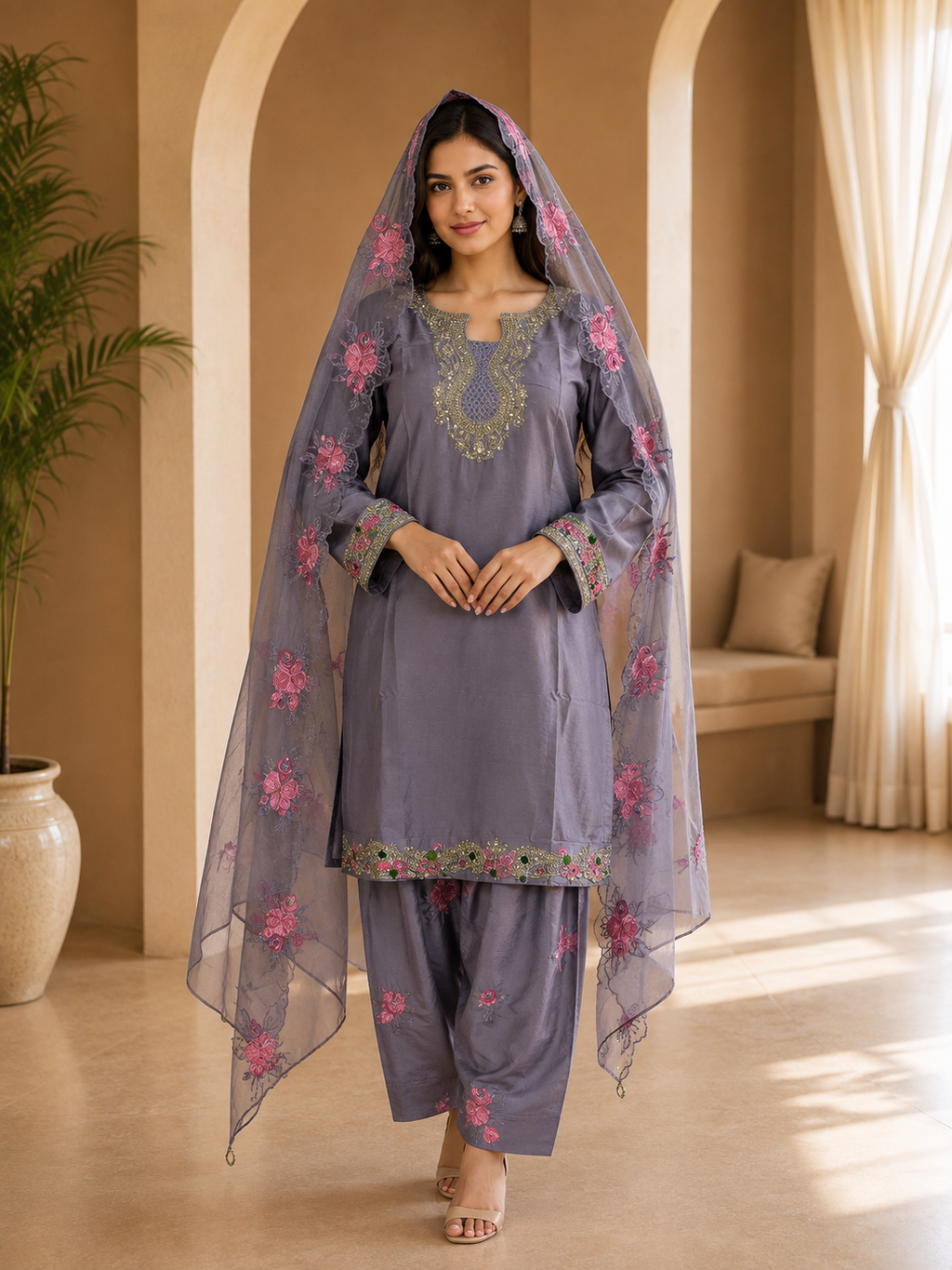 Dusty Mauve American Crepe Embroidered 3-Piece Ethnic Suit Set with Floral Dupatta