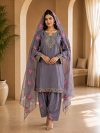Dusty Mauve American Crepe Embroidered 3-Piece Ethnic Suit Set with Floral Dupatta