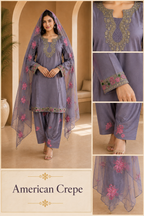 Dusty Mauve American Crepe Embroidered 3-Piece Ethnic Suit Set with Floral Dupatta