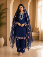 Navy Blue American Crepe Embroidered 3-Piece Ethnic Suit Set with Floral Dupatta