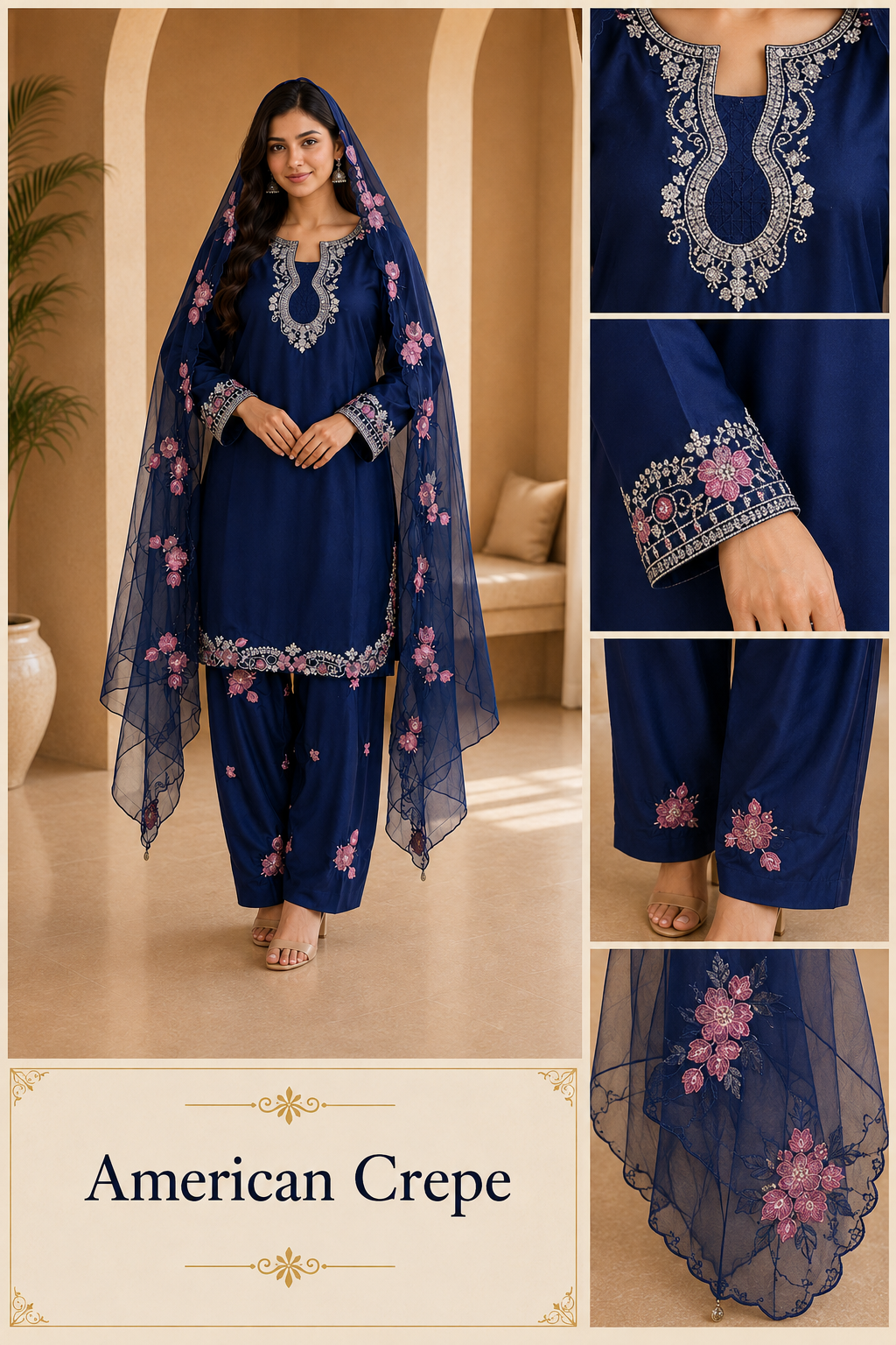 Navy Blue American Crepe Embroidered 3-Piece Ethnic Suit Set with Floral Dupatta