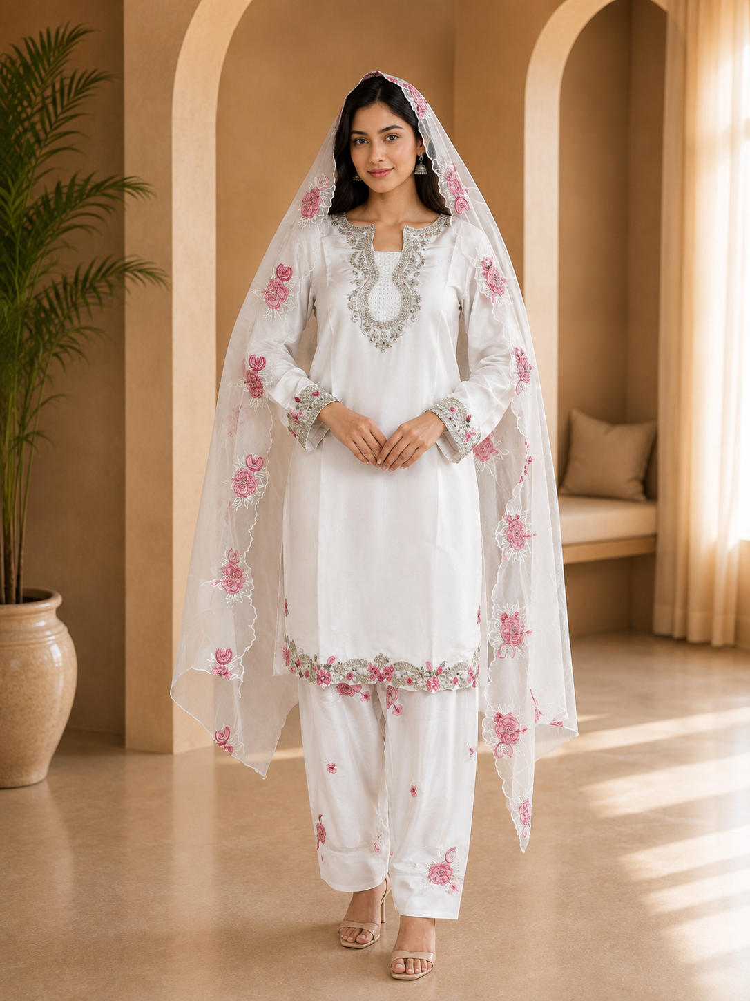 White American Crepe 3-Piece Ethnic Suit with Embellished Neckline &amp; Floral Dupatta