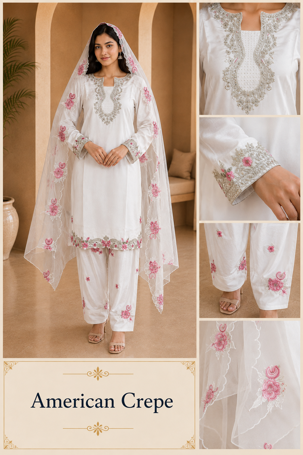 White American Crepe 3-Piece Ethnic Suit with Embellished Neckline &amp; Floral Dupatta