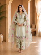 Premium American Crepe Light Sage Green 3-Piece Ethnic Suit Set with Embroidered Dupatta
