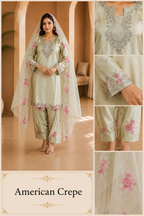 Premium American Crepe Light Sage Green 3-Piece Ethnic Suit Set with Embroidered Dupatta