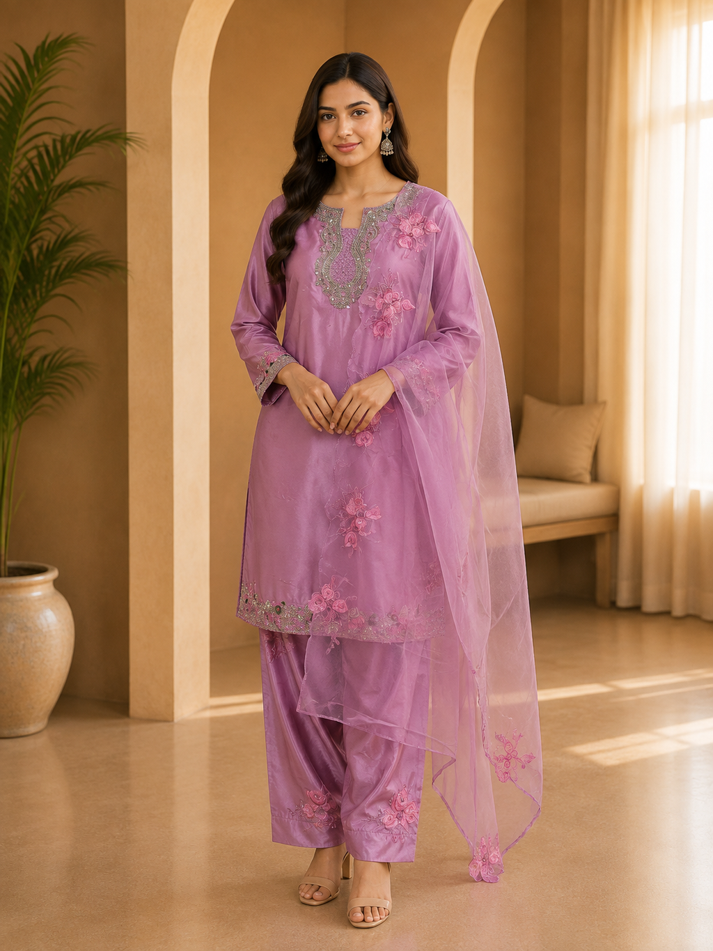 Premium American Crepe Dusty Pink 3-Piece Ethnic Suit Set with Embroidered Dupatta