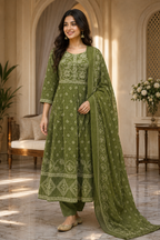 Olive Green Mull Cotton Round Kurti 3-Piece Set with Pant & Dupatta