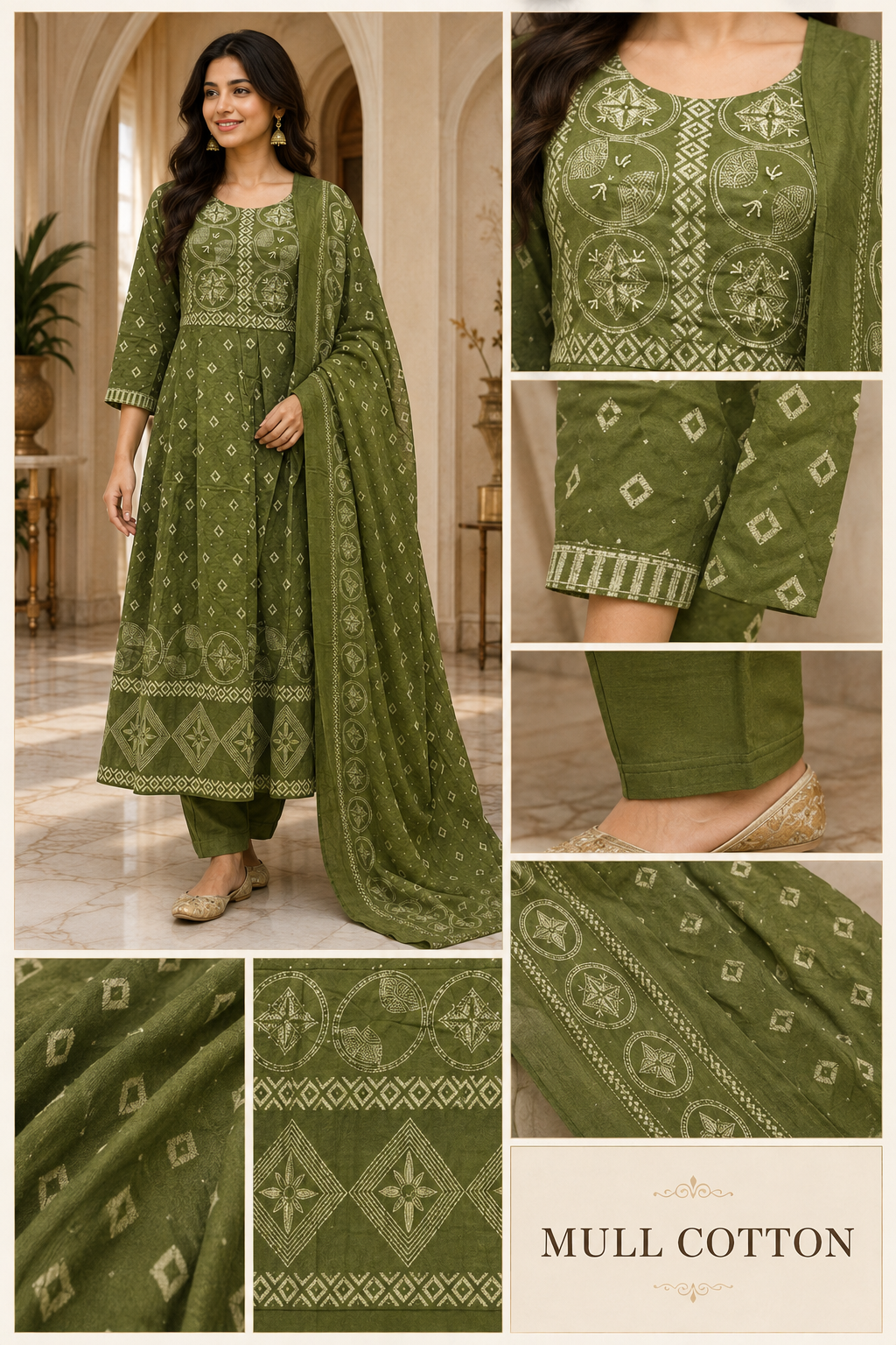Olive Green Mull Cotton Round Kurti 3-Piece Set with Pant & Dupatta