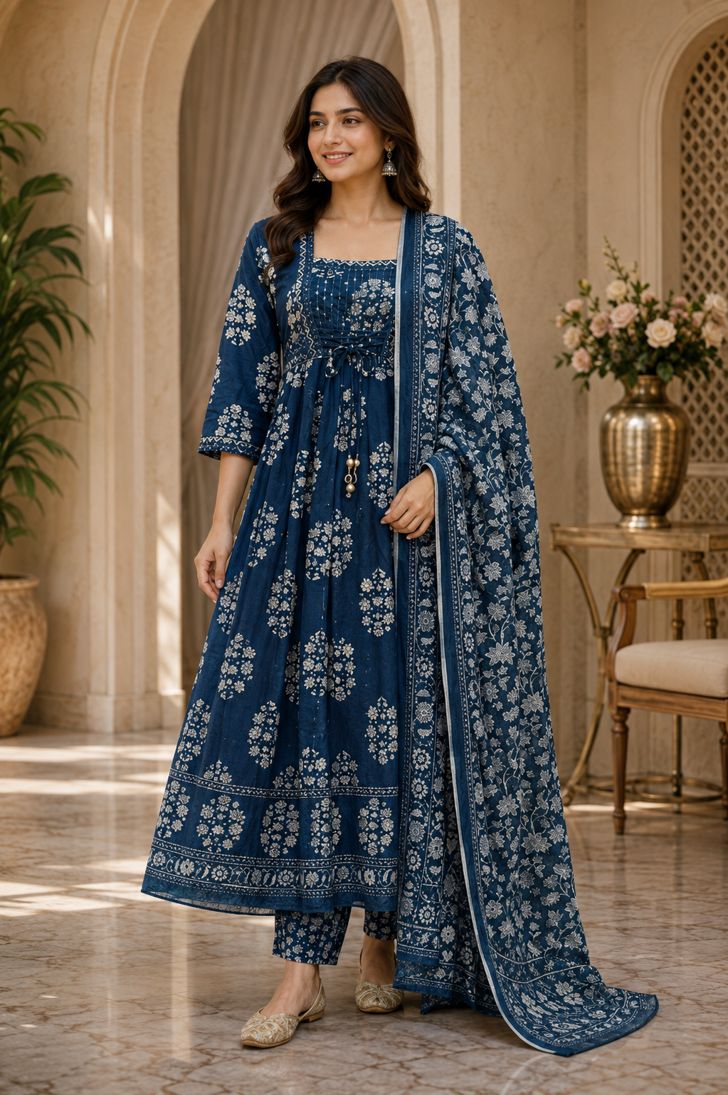 Navy Blue Mull Cotton Round Kurti 3-Piece Set with Pant & Dupatta