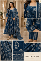 Navy Blue Mull Cotton Round Kurti 3-Piece Set with Pant & Dupatta