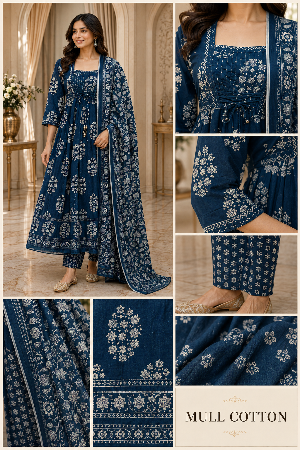 Navy Blue Mull Cotton Round Kurti 3-Piece Set with Pant & Dupatta