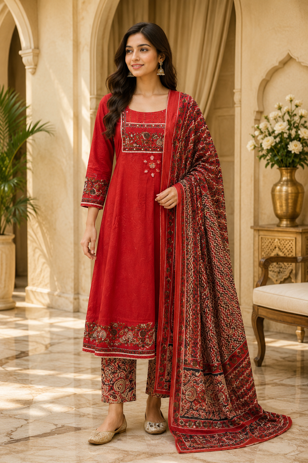 Red Mull Cotton Straight Kurti 3-Piece Set with Pant & Dupatta