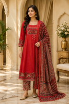 Red Mull Cotton Straight Kurti 3-Piece Set with Pant & Dupatta