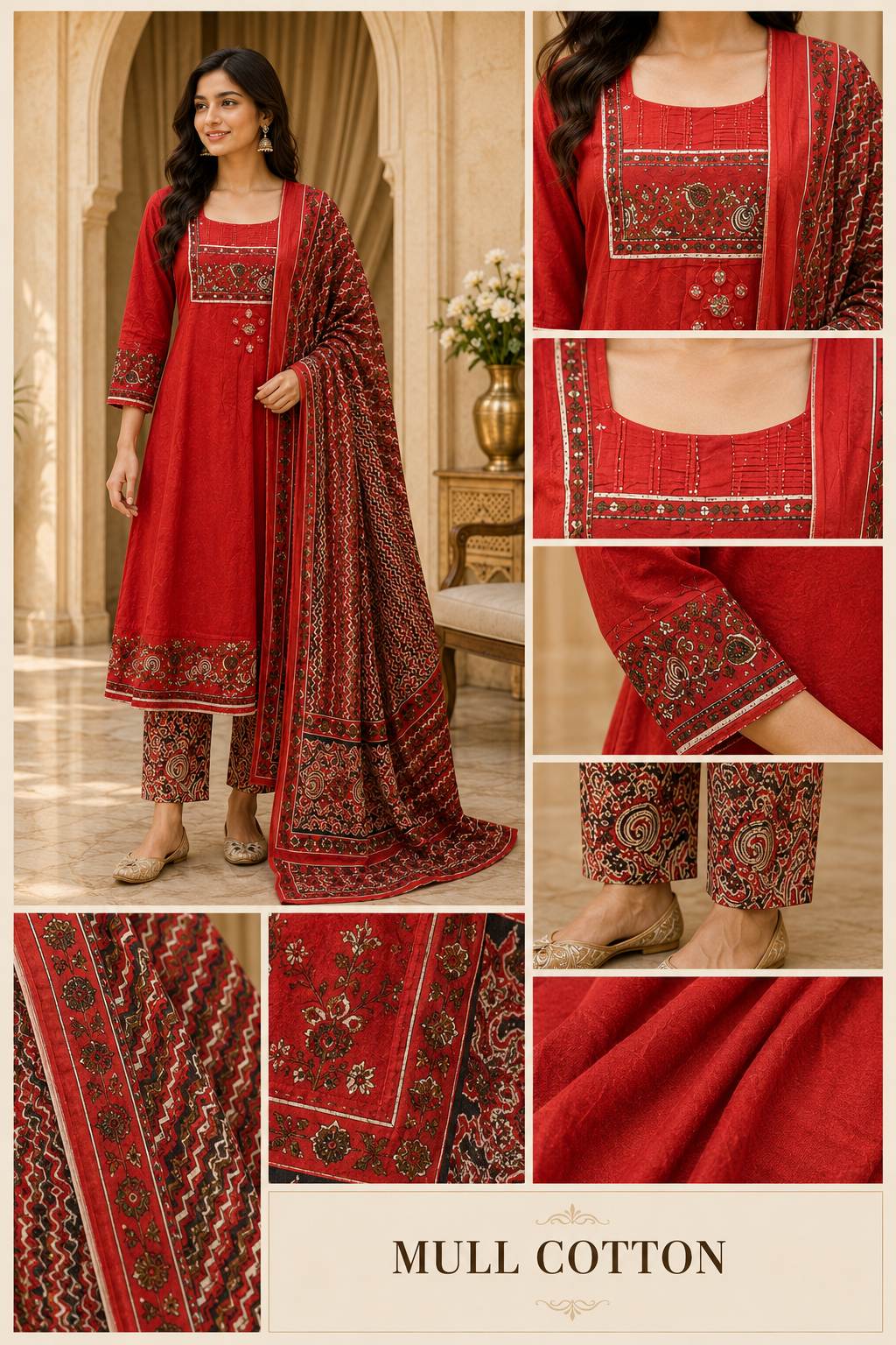 Red Mull Cotton Straight Kurti 3-Piece Set with Pant & Dupatta