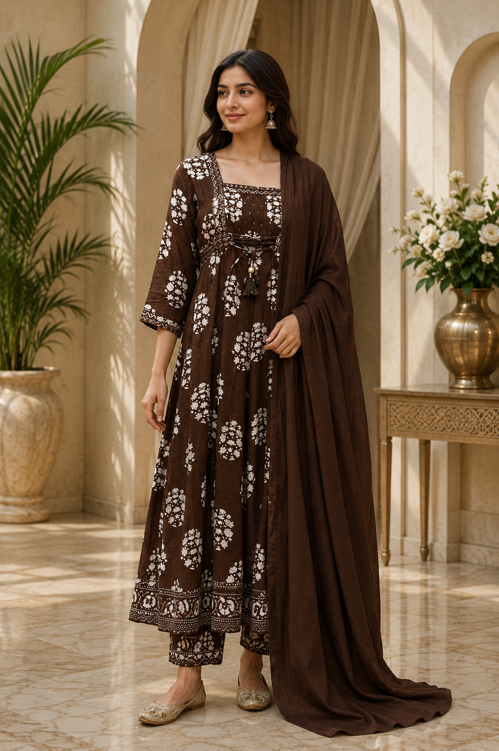 Chocolate Brown Mull Cotton Round Kurti 3-Piece Set with Pant & Dupatta