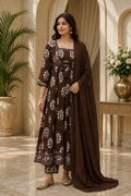 Chocolate Brown Mull Cotton Round Kurti 3-Piece Set with Pant & Dupatta