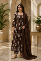 Chocolate Brown Mull Cotton Round Kurti 3-Piece Set with Pant & Dupatta