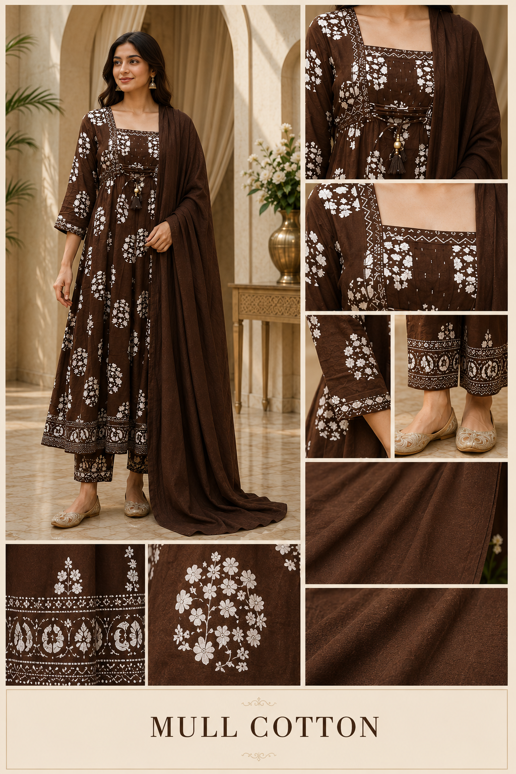 Chocolate Brown Mull Cotton Round Kurti 3-Piece Set with Pant & Dupatta